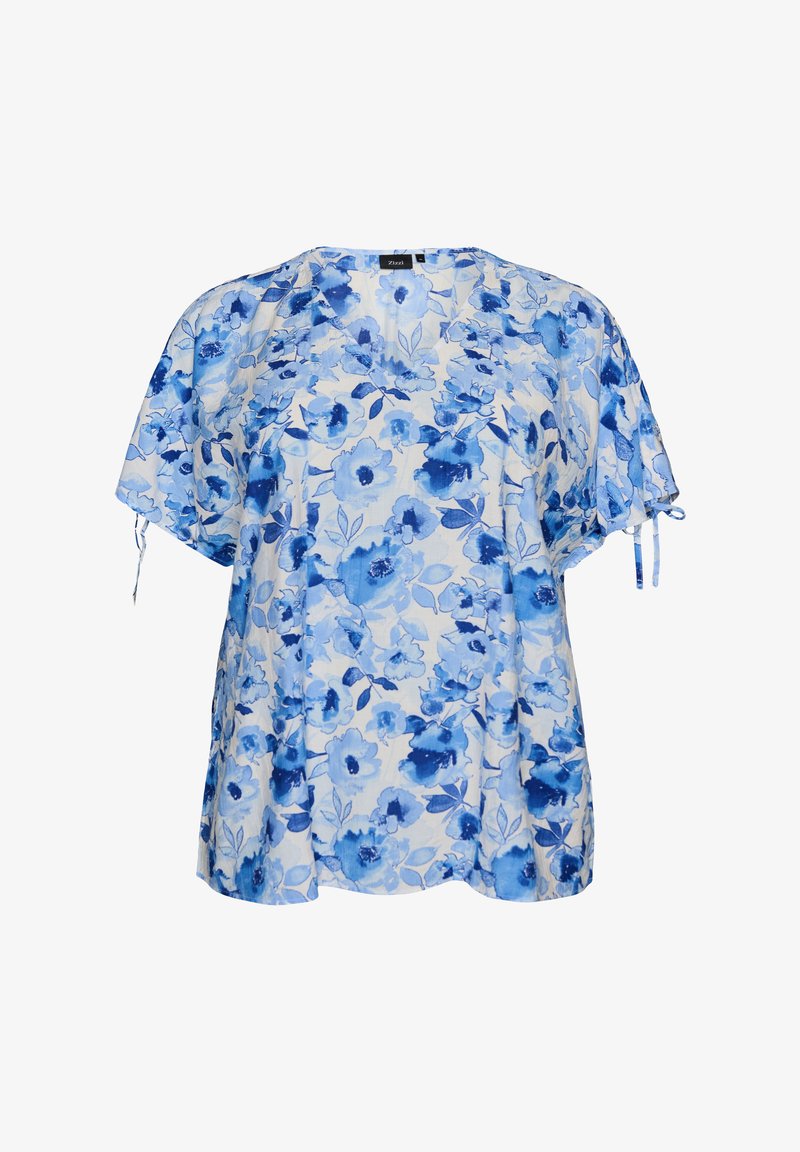 Blouse à manches courtes avec imprimé floral aquarelle bleue sur fond blanc et liens réglables aux manches.
