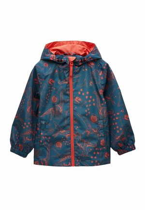 Children's waterproof hooded jacket in dark teal with orange dinosaur and fossil patterns, orange zipper, and elastic cuffs.
