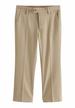 Pantalon beige sur mesure avec passants pour ceinture, poches latérales, fermeture par bouton et plis devant.
