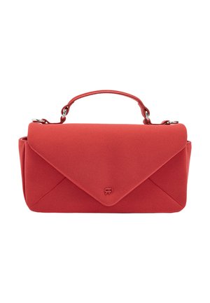 Czerwona prostokątna torebka na ramię z górnym uchwytem, klapą w stylu koperty oraz subtelnym logo na środku przodu.