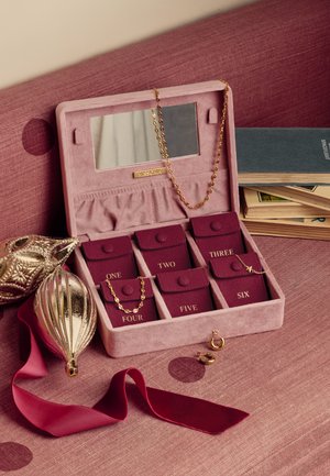 Organizador de joyas de terciopelo rosa con seis compartimentos numerados que contienen collares y pendientes de oro, junto a adornos dorados y libros sobre una superficie de tela rosa.