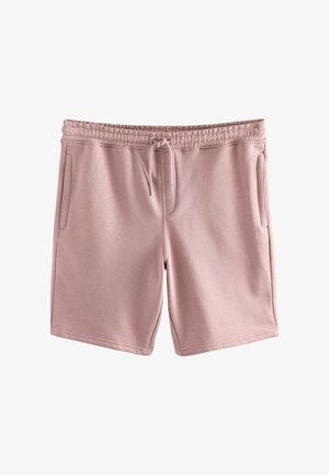 Heledad roosa spordilühikesed püksid pehmest kangast, millel on elastne vöökoht ja nöör ning kaks küljetaskut.