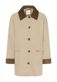 Beżowy płaszcz z brązowym sztruksowym kołnierzem, zapinany na guziki z dwoma bocznymi kieszeniami. Posiada długie rękawy z teksturowanymi mankietami.