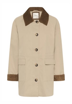 Beige frakke med brun kordfløjlsflip, knaplukning foran og to sidelommer. Har lange ærmer med teksturerede manchetter.