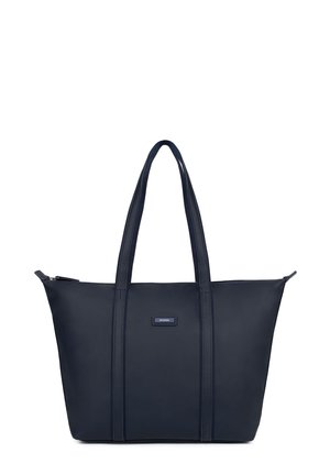 Navy blue tote bag made of smooth material, featuring two long handles, a zip closure, and contrasting stitching along the sides.