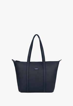 Borsa a tracolla blu navy realizzata in materiale liscio, dotata di due manici lunghi, chiusura con zip e cuciture a contrasto lungo i lati.