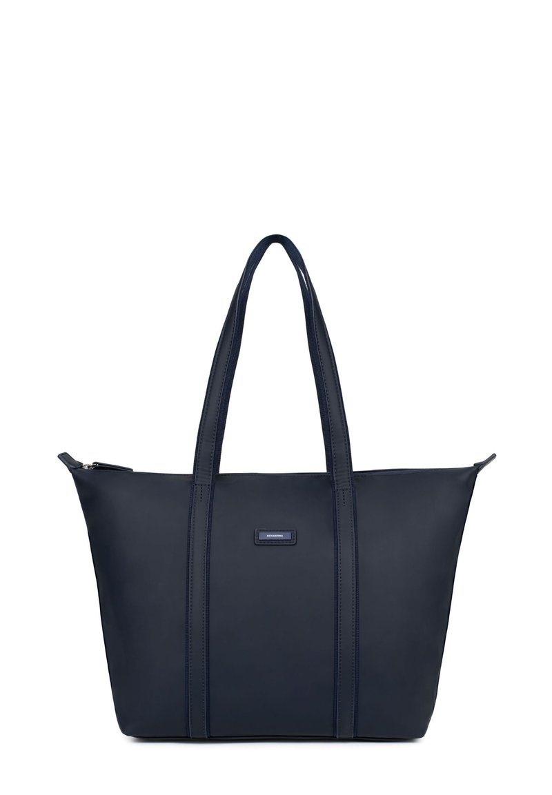 Borsa a tracolla blu navy realizzata in materiale liscio, dotata di due manici lunghi, chiusura con zip e cuciture a contrasto lungo i lati.