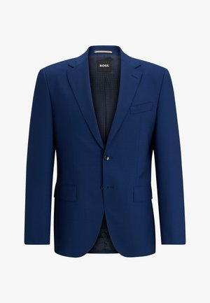 Marineblå habitjakke i let materiale med klapkrave, dobbeltknaplukning og to forlommer; glat indvendig foring.