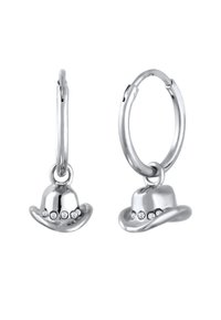 Sølv hoops øreringe med små cowboyhat charms, der har tre dekorative rhinsten på forsiden, glat finish og blank overflade.