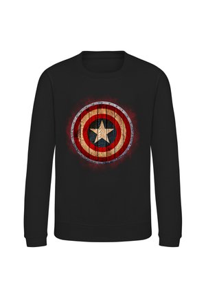 Sort langærmet sweatshirt med et slidt Captain America skjoldemblem i rød, hvid og blå trykt på frontens center.