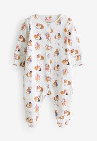 Un pyjama blanc avec des cochons d'Inde colorés en dessins animés, vêtus de différentes tenues. Manches longues, boutons-pression sur le devant et pieds intégrés.