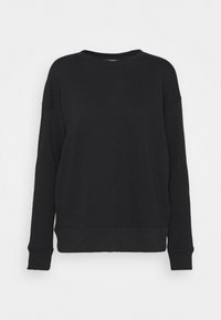 Černá mikina vyrobená z měkké tkaniny, s kulatým výstřihem, dlouhými rukávy, žebrovanými manžetami a spodním lemem pro uvolněný střih.