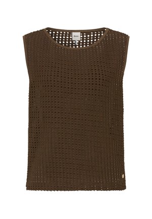 Ärmelloses, dunkelbraunes Stricktop mit rundem Ausschnitt und einem gitterartigen Lochmuster, mit einem kleinen Metallschildchen nahe dem Saum.
