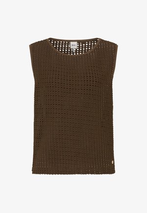 Top marrone scuro senza maniche in maglia, con scollatura rotonda e motivo a rete a griglia, caratterizzato da una piccola targhetta metallica vicino all'orlo.