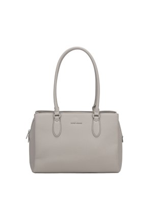 Hellgraue Lederhandtasche mit doppelten Griffen, einem Reißverschluss oben und dezentem Branding vorne in der Mitte.