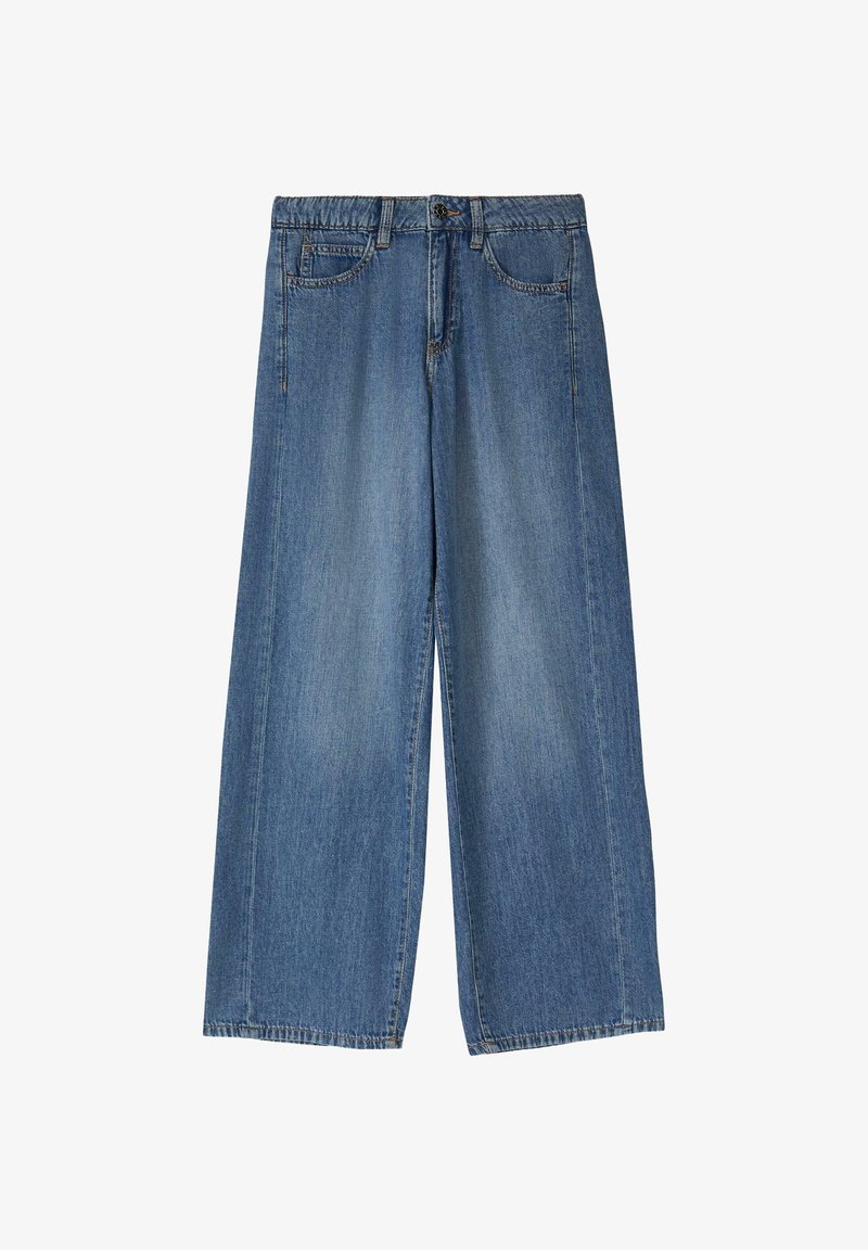 Modré široké džínsové nohavice z denimu s vreckami vpredu aj vzadu, pútkami na opasok, zipsom a zapínaním na gombík.