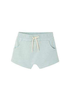 Light blue toddler shorts with elastic waistband, white drawstring, and front pockets, suitable for casual wear.