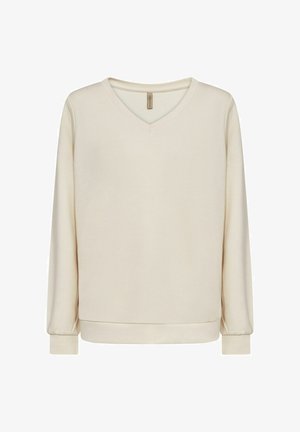 Sudadera de cuello en V y manga larga en tejido beige claro; cuenta con puños y dobladillo de canalé, textura suave y diseño minimalista.