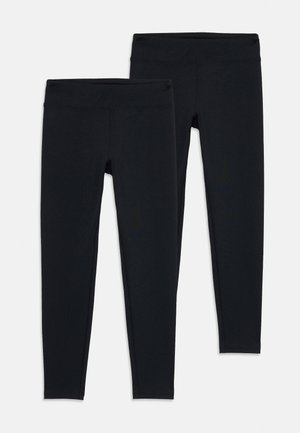 Twee paar effen zwarte leggings van volledige lengte, naast elkaar geplaatst, met brede elastische taillebanden, weergegeven op een witte achtergrond.