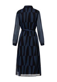 Long navy dress with a checkered pattern in varying shades of blue and black. Features long sheer sleeves, a belted waist, and collar.