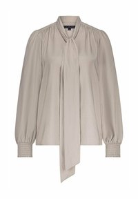 Silky beige blouse with long puff sleeves, tie-neck detail, and smocked cuffs; features a smooth texture and relaxed fit.