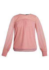 Blusa rosa con maniche lunghe e trasparenti, dettagli arricciati sul petto e polsini smockati. Tessuto leggero con una vestibilità comoda.