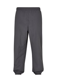 Dunkelgraue Jogginghosen mit elastischem Bund und Knöchelbündchen aus leichtem Stoff, geeignet für Freizeit- oder Sportbekleidung.