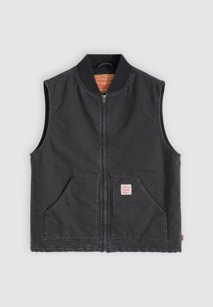 Fekete ujjatlan pamut mellény elején cipzárral, bordázott gallérral, két elejű zsebbel és a bal zsebén egy kis márkajelzéssel.