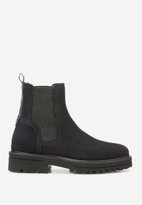 Botte Chelsea en daim noir avec des panneaux élastiques contrastants, des coutures verticales, une languette à l'arrière et une semelle en caoutchouc texturé.