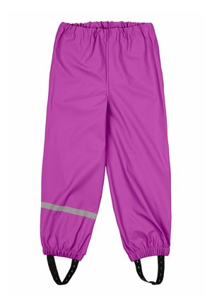 Pantalons waterproof violets avec une taille élastique et des bretelles noires réglables. Présente une bande réfléchissante argentée sur chaque jambe.