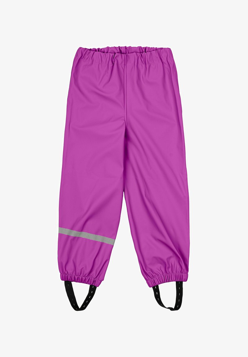 Paarse waterdichte broek met elastische tailleband en verstelbare zwarte banden. Voorzien van een reflecterende zilveren streep op elk been.