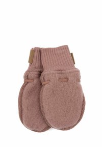 Wollhandschuhe in staubigem Rosa. Weicher, strukturierter Stoff mit einem gerippten Bündchen. Enthält einen braunen Lederakzent und verstärkte Nahtdetails.