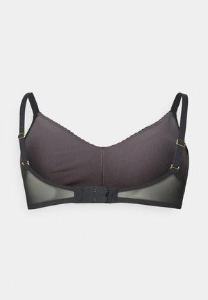 Reggiseno wireless nero e grigio scuro con spalline regolabili, coppe senza cuciture e chiusura con ganci su sfondo bianco.
