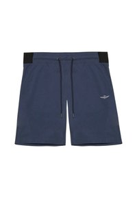Pantaloni da nuoto blu navy con una cintura elastica, dettagli neri, chiusura con cordoncino e un piccolo logo ricamato sulla gamba sinistra.