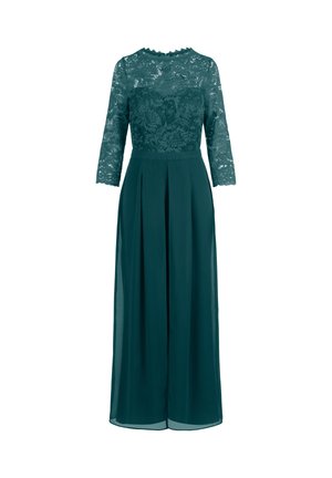 Vestido de encaje y gasa color aguamarina con mangas tres cuartos, corsé ajustado, escote con ondas y pantalones anchos plisados y fluidos.
