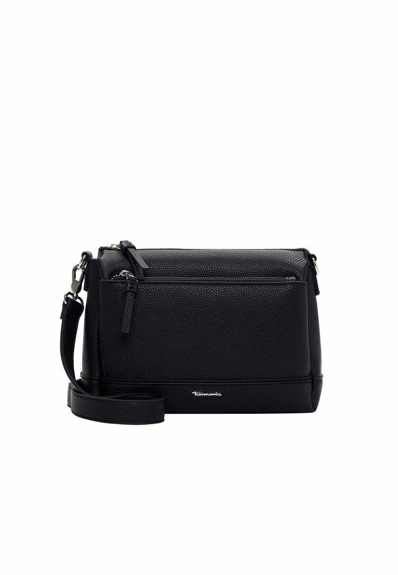 Czarna skórzana torebka na ramię o usztywnionym kształcie, teksturowanym wykończeniu, zamknięciu na suwak, regulowanym pasku oraz srebrnym akcentem z logo.