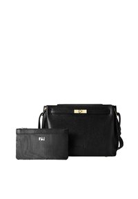Borsa a tracolla nera in pelle con finitura testurizzata e hardware dorato, insieme a una borsa a pochette più piccola in abbinamento con superficie liscia e zip.