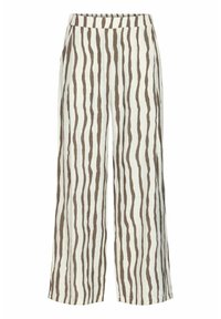 Wide-leg, linen blend trousers in cream with vertical brown stripes. Features an elastic waistband and side pockets. Soft, textured fabric.