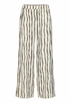 Pantalons en lin mélangé à larges jambes de couleur crème avec des rayures verticales marron. Dotés d'une taille élastique et de poches latérales. Tissu doux et texturé.