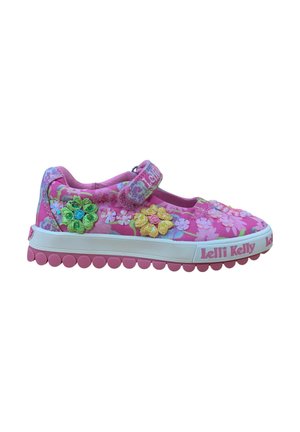 Sneaker rosa per bambini con ricamo floreale, chiusura a strappo, suola bianca e marchio "Lelli Kelly" lungo il bordo della suola.