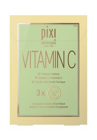 Groen en gouden verpakkingen voor de Pixi Vitamin C verkwikkende sheetmaskers. De doos toont details zoals ingrediënten en hoeveelheid, stijlvol weergegeven in elegante lettertypen.