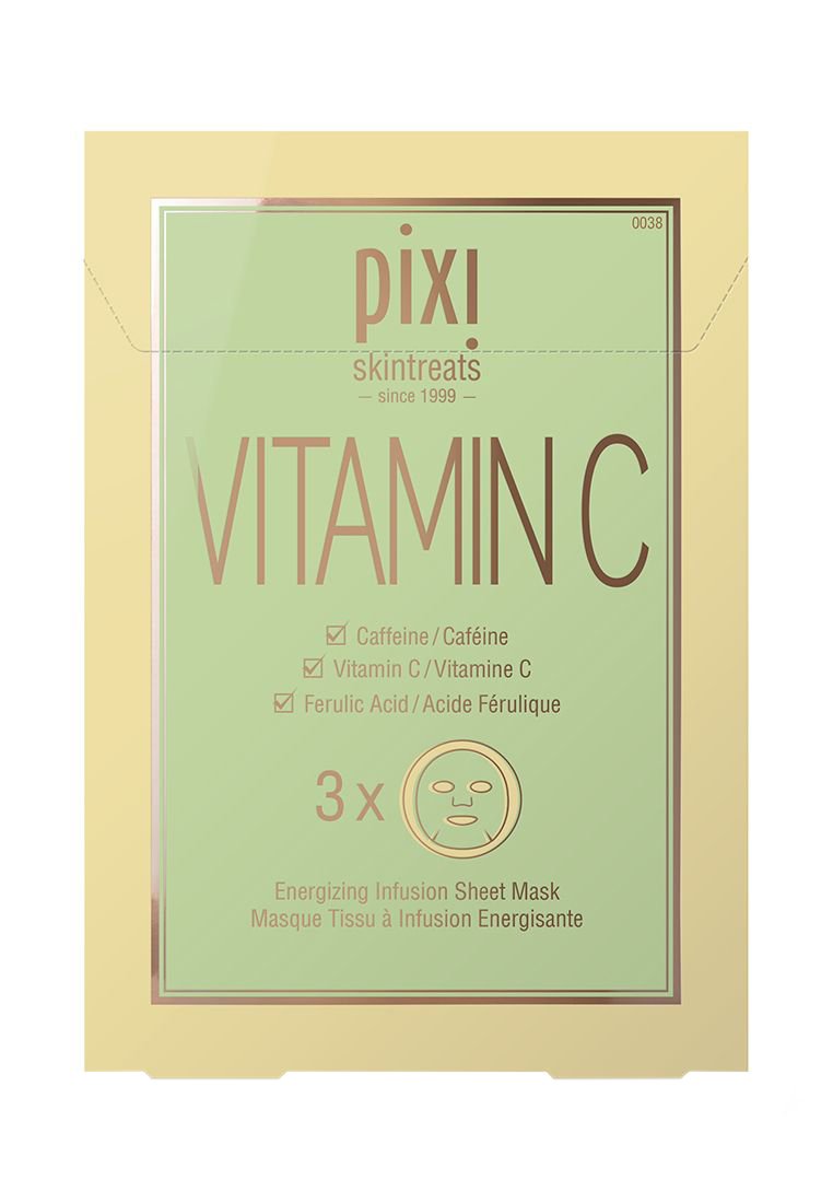 Groen en gouden verpakkingen voor de Pixi Vitamin C verkwikkende sheetmaskers. De doos toont details zoals ingrediënten en hoeveelheid, stijlvol weergegeven in elegante lettertypen.
