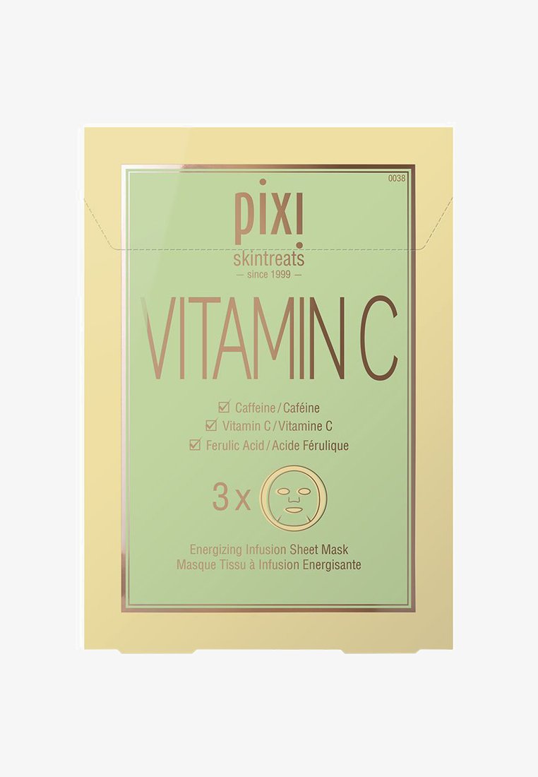 Grüne und goldene Verpackung für Pixi Vitamin C energetisierende Gesichtsmasken. Die Box zeigt Details wie Inhaltsstoffe und Menge, stilvoll in eleganten Schriftarten gestaltet.
