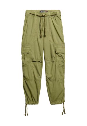 Olijfgroene cargo broek van lichtgewicht stof, met meerdere zakken, elastische taille met trekkoord en opgerolde broekspijpen.