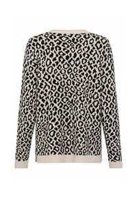 Leopardenmuster-Pullover mit einem schwarz-weißen Muster, gerippten Bündchen und Saum sowie einem lockeren Schnitt mit seitlichen Schlitzen für mehr Bewegungsfreiheit.
