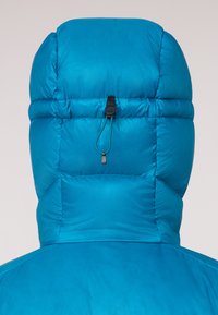 Bright blue puffer jacket with a high, quilted hood. Features a drawstring adjustment on the back and a smooth, shiny fabric texture.