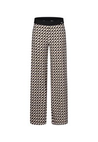 Wijde pijpen broek met een zwart en beige golfpatroon. Gemaakt van zachte stof met een zwarte elastische tailleband.