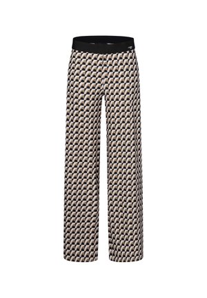 Weit geschnittene Hosen mit einem schwarz-beigen Wellenmuster. Hergestellt aus weichem Stoff mit einem schwarzen elastischen Taillenbund.