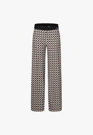 Weit geschnittene Hosen mit einem schwarz-beigen Wellenmuster. Hergestellt aus weichem Stoff mit einem schwarzen elastischen Taillenbund.