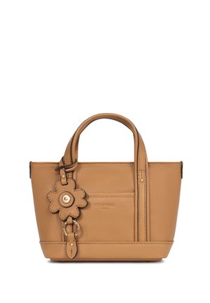 Sac à main en cuir fauve avec doubles poignées, une poche avant et un porte-clés en cuir en forme de fleur.